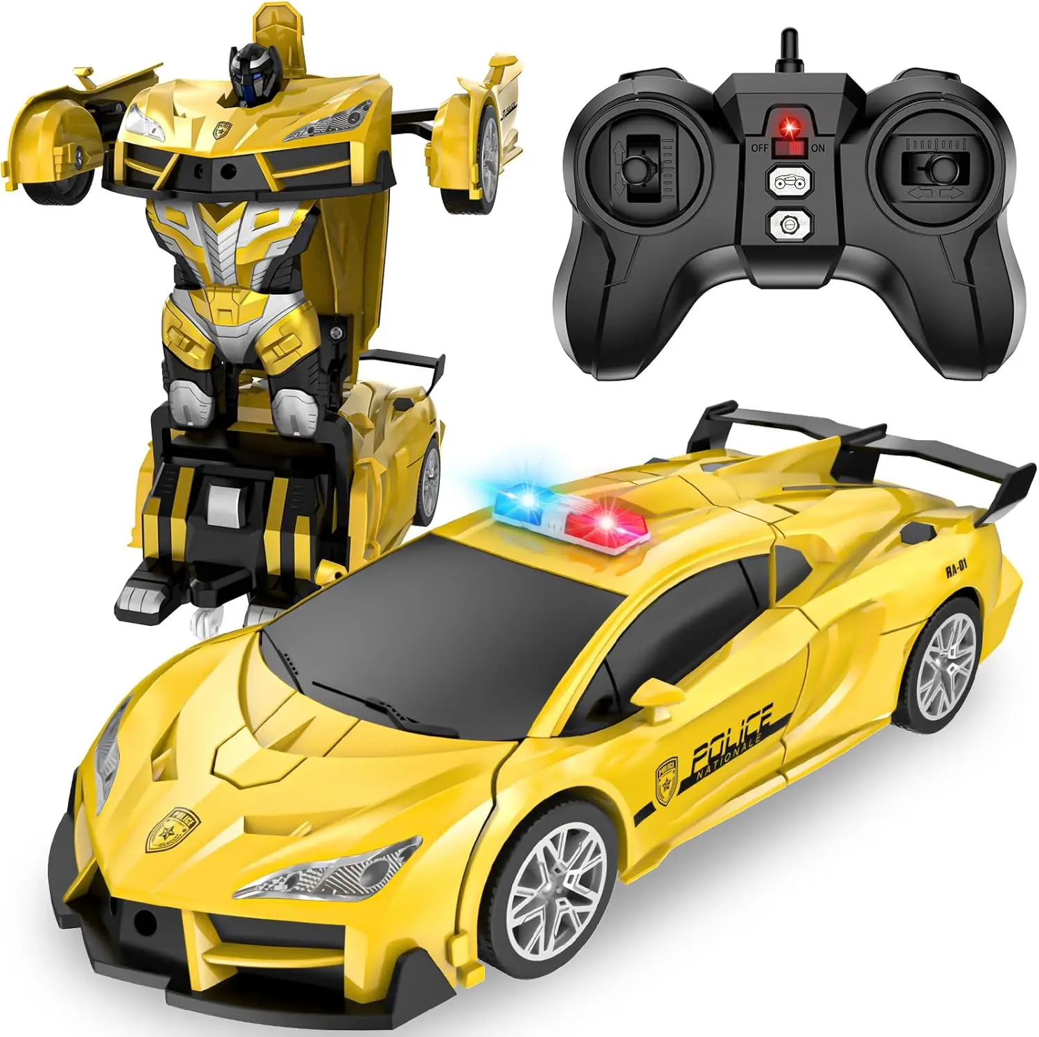 

2-in-1 RC Transforming Robot Car, 2.4Ghz Police Car Toy with LED Lights, One-Button Deformation & Drifting, Gift for Kids 5+