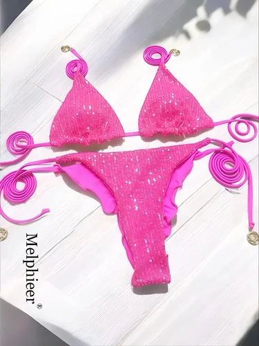 Imagen 1 del producto Bikini brasileño con ondas brillantes para mujer, traje de baño inspirado en diseñador, traje de baño femenino, conjunto de Bikini de dos piezas, bañador, traje de baño Vacay