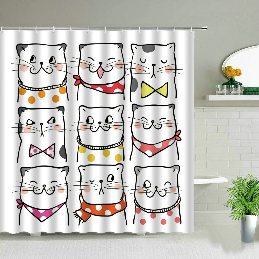 Cat Printed Shower Curtain Color Cartoon Lovely Animal Bear Polyester Fabric Hanging Curtains Bathroom Bathtub Decor with Hooks