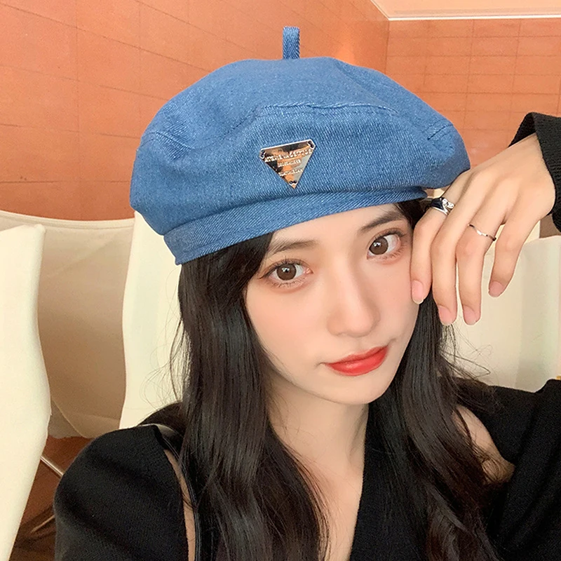 Casual Pink Love Denim Beret Hats Women Spring Summer Shows Face Versatile Retro Painter Cap Japanese Berets Newsboy Caps