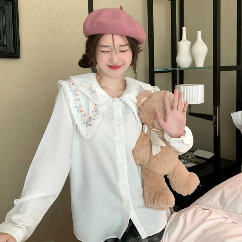 

Sweet Style Embroidered Flower Long Sleeve Loose Fit Collar Shirt for Girls Anti-Aging Casual Wear Daily Occasion Chinese Made