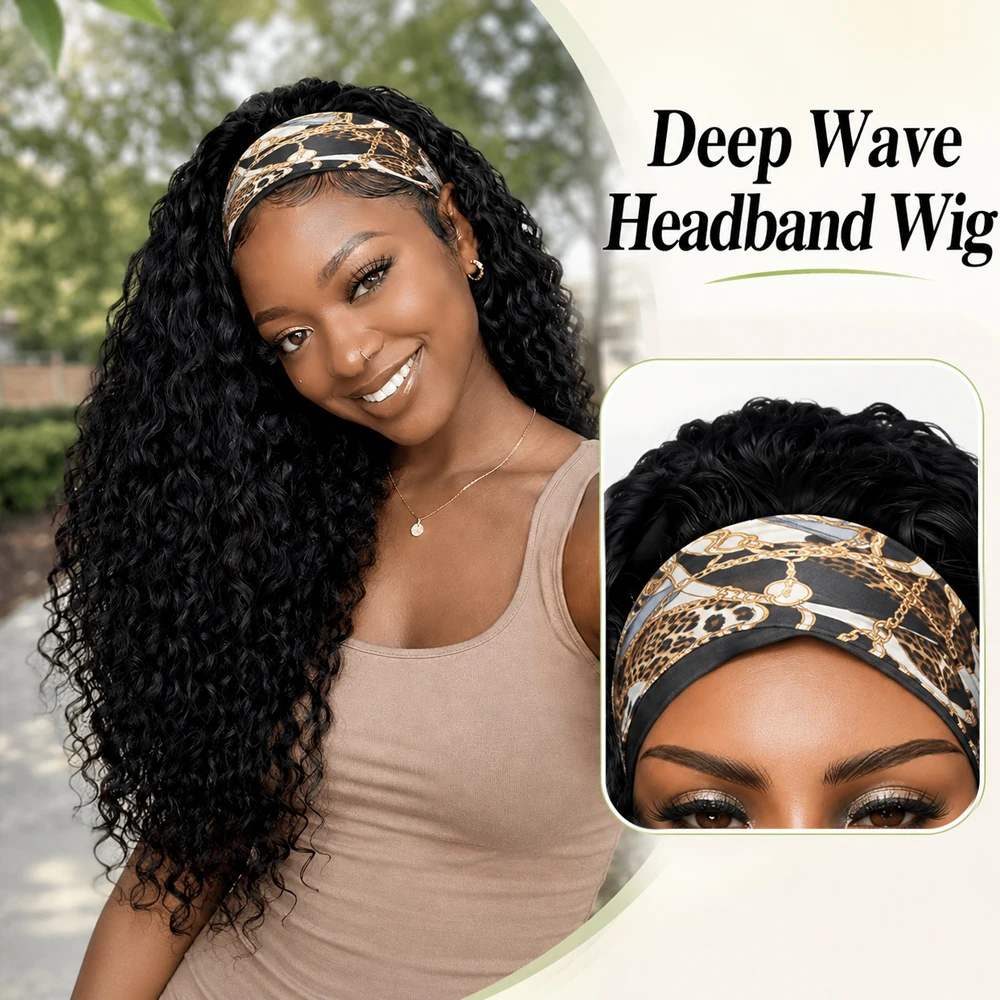 

Headband Wigs Curly Deep Wave Wigs Human Hair 30 36 Inch Curly wig No Lace No Glue Beginner Friendly Full Machine Made Wigs