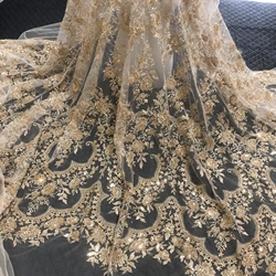 Luxury Gold Sequins High Density Bead Embroidery Custom Evening Dress Performance Lace Fabric