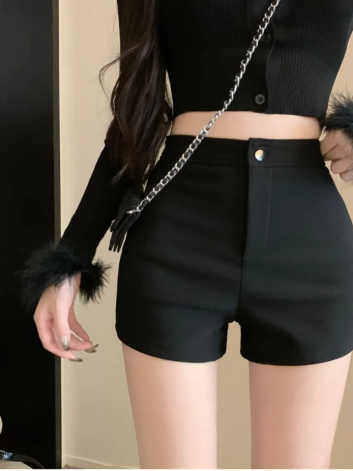 

High Waist Tight Fit Casual Pants Women's Base Layer Black Shorts Spring Versatile Bottoming Pants Korean Style Commute Wind