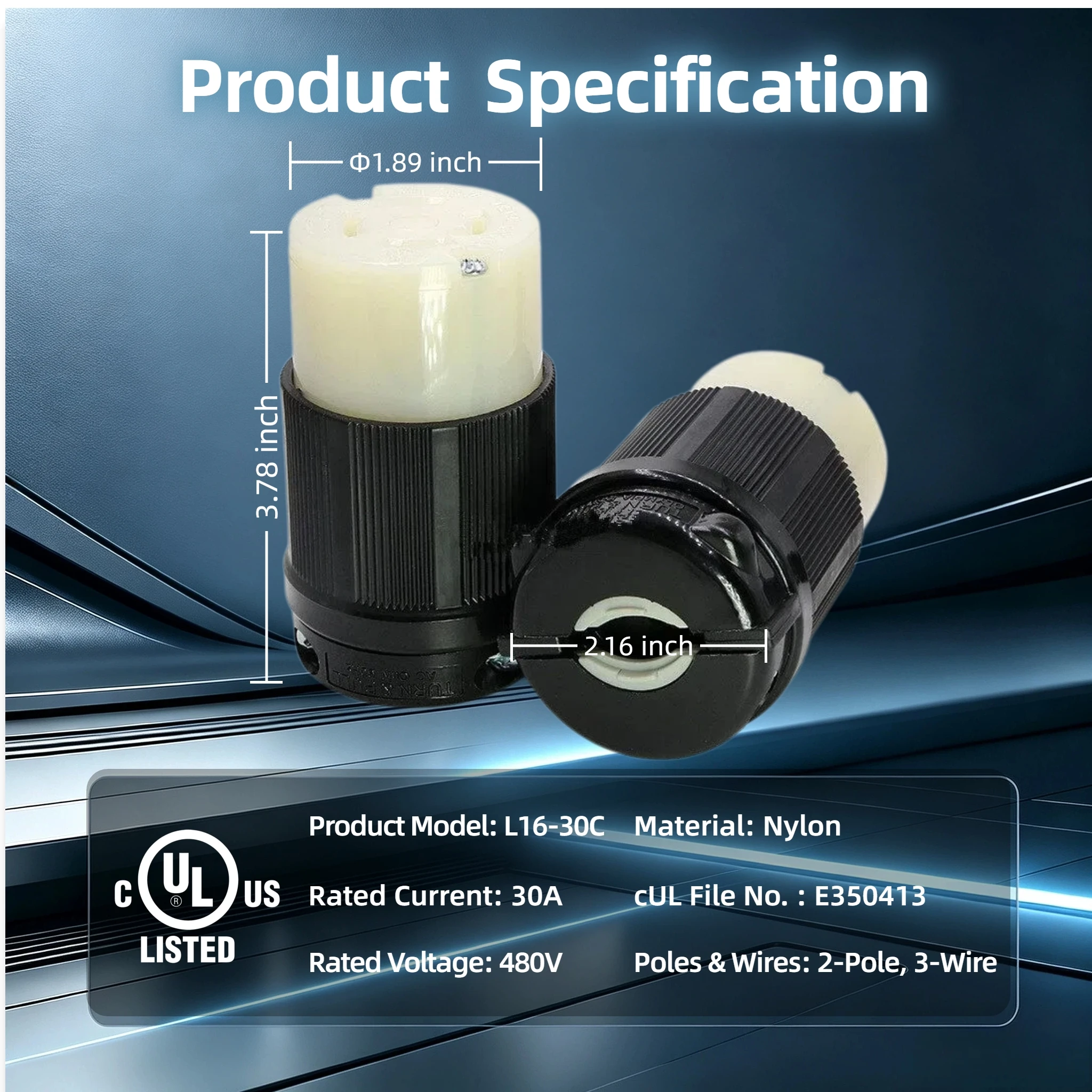 NEMA L16-30C Locking Connector 30A 480V Female Extension Cord End , 3P 4W Twist Lock Receptacle for Generator