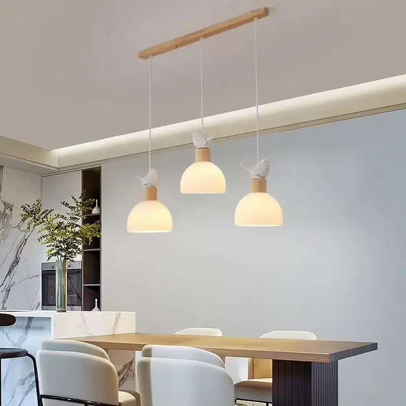 Nordic Dining Room Pendant Lights, Decoração moderna simples para pássaros, Droplight de vidro de madeira para bar e restaurante