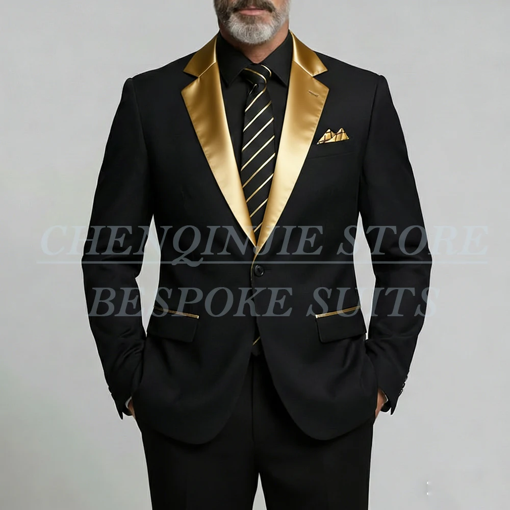

Black Men's Suits 2 Piece Jacket Pants Sets One-Button Luxury Golden Notch Lapel Blazer Business Smart Casual Male Clothing