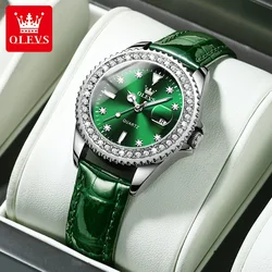 OLEVS New Luxury Diamond  Quarzt Watch Women Fashion Green Leather Waterproof Luminous Calendar Watches Female Relogio Feminino