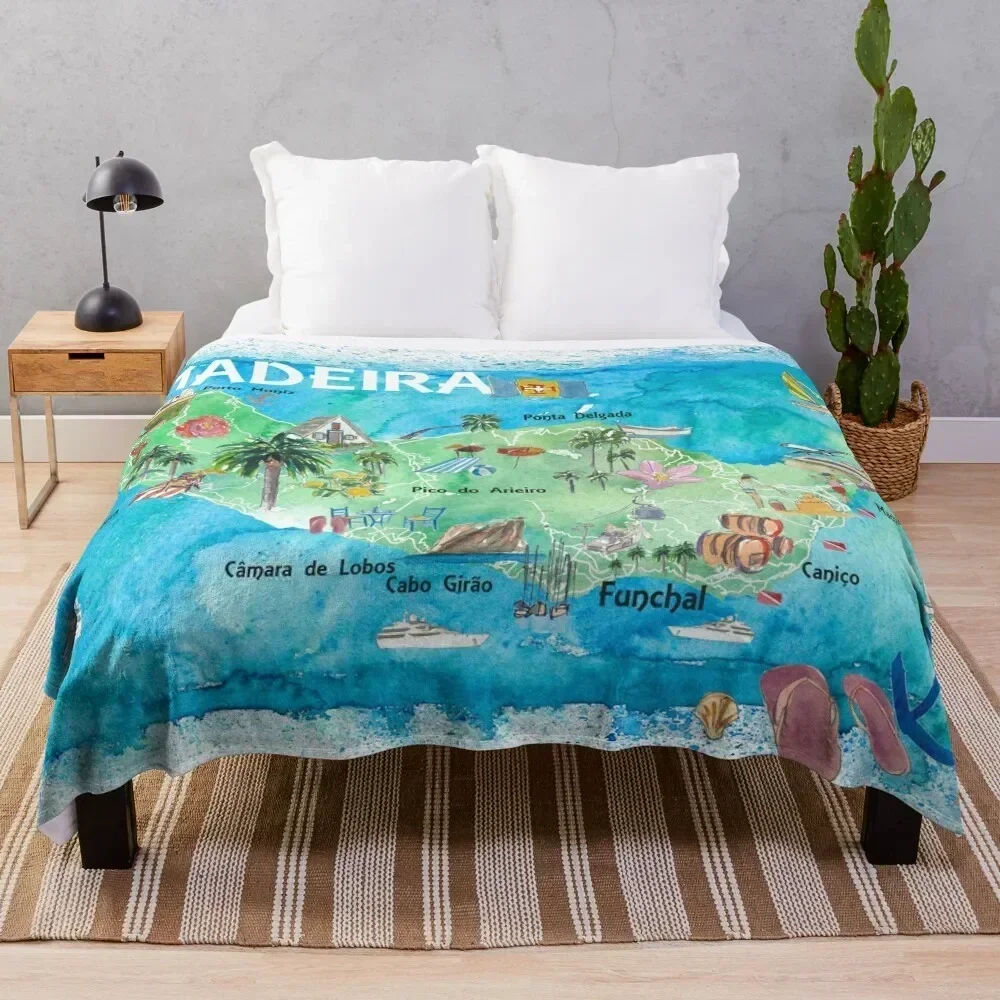 

Madeira Portugal Island Illustrated Map with Landmarks and Highlights Throw Blanket Winter beds Sofa wednesday anime Blankets