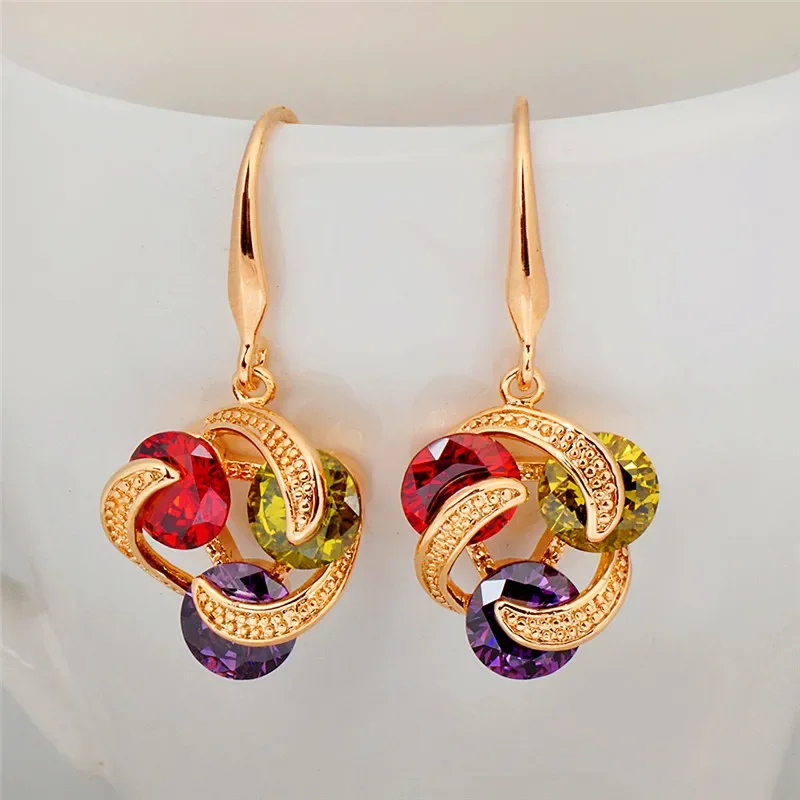 Vintage Wedding Hoop Earrings Boho Female Rainbow Zircon Flower Earring Fashion Yellow Gold Color Small Stone Earrings for Women