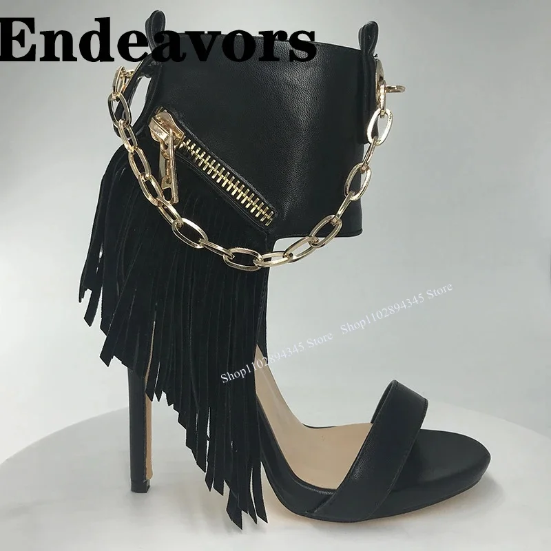 

Black Tassels Chain Zipper Sandals Thin High Heel Fashionable Sexy 2023 Summer Casual Big Size Woman Shoes Zapatillas Mujer