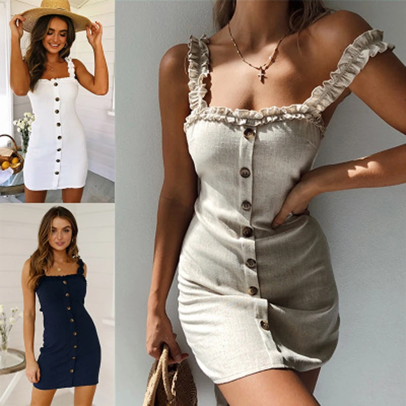 

Fashion Women Backless Bow Lace Up Bodycon Summer Dress Nice Sexy Buttons Short Ladies Dresses Ruffles Strap Mini Vestidos Grey