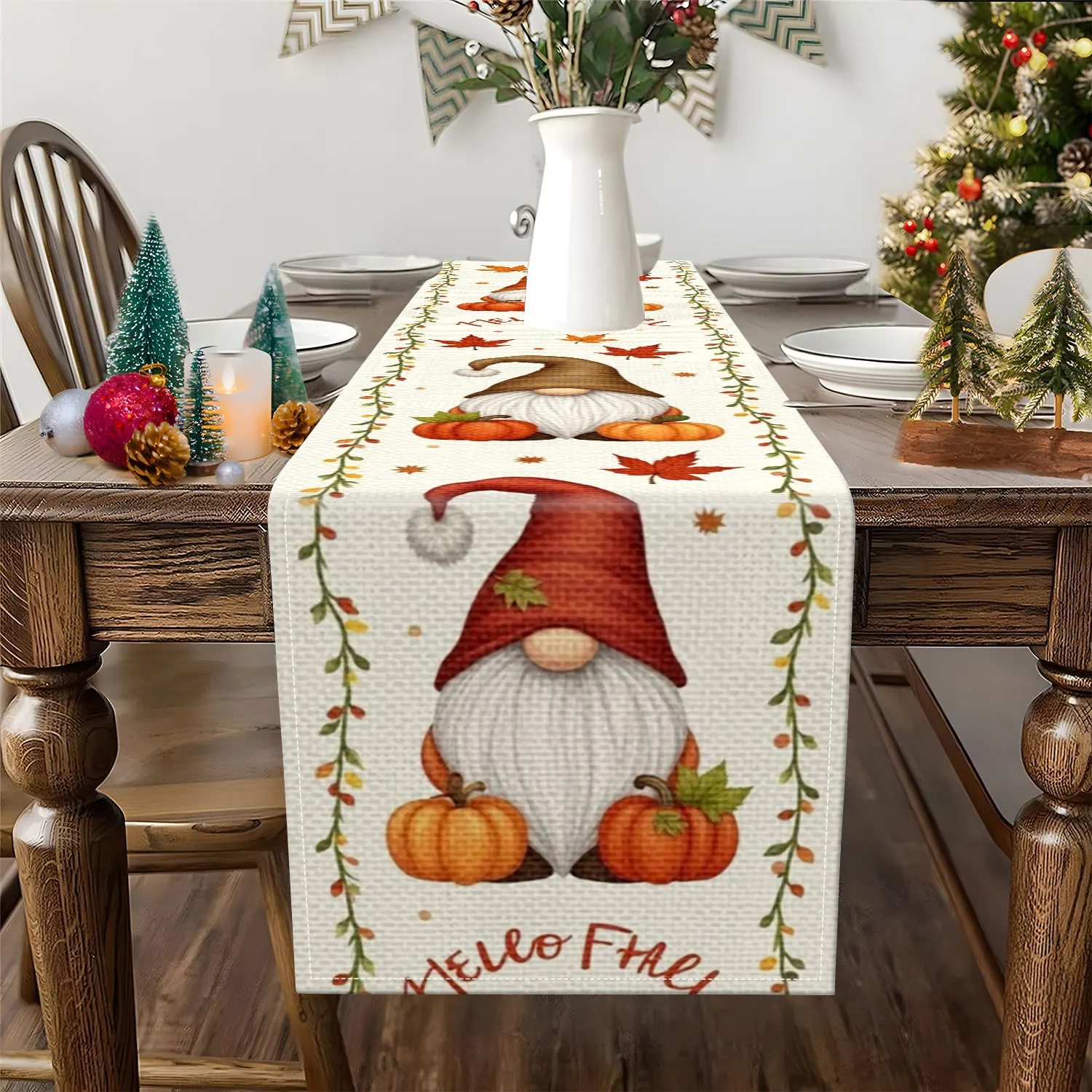1 Piece of Autumn-Themed Table Runner with Pumpkin Elves, Maple Leaves, and Other Patterns, Suitable for Autumn Parties and Home Decoration Scenes