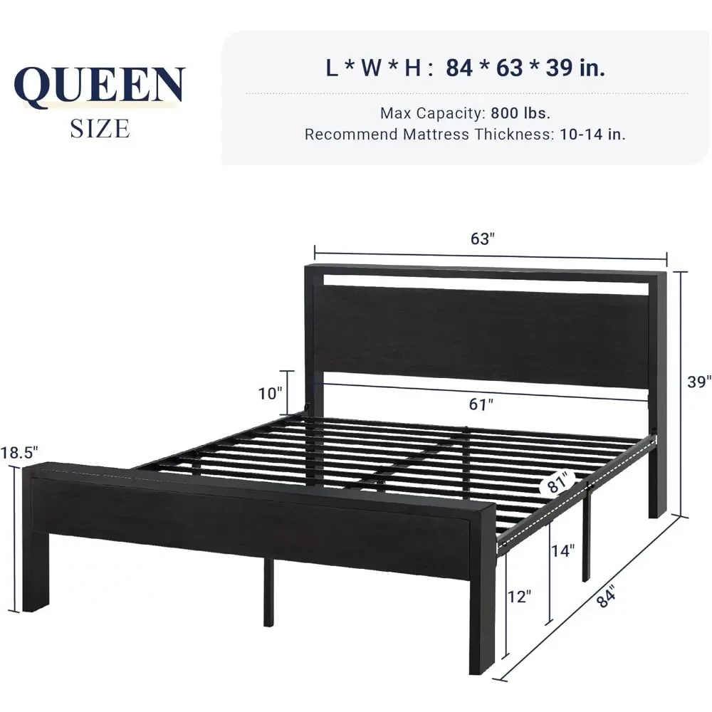 Queen Size Platform Bed Frame with Wooden Headboard and Footboard, Heavy Duty 12 Metal Slats Support, No Box Spring Needed。