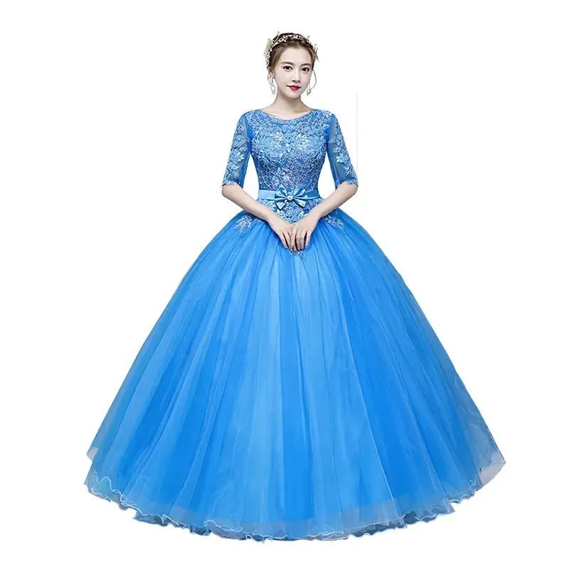 Blue Half Long Sleeves Quinceanera Dresses Ball Gowns Lace Evening Dress Party Luxury Tulle Birthday Pageant Princess Dress