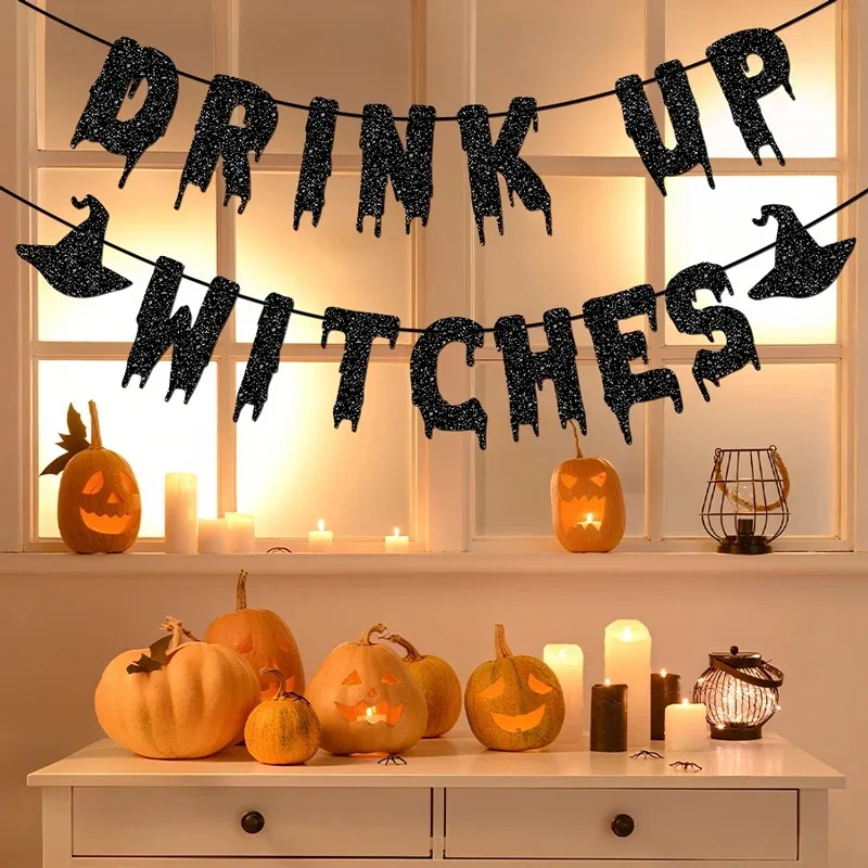 Drink Up Witches Banner für Halloween-Party, Banner mit Glitzerbuchstaben, schwarze Hut-Motive, für Halloween-Dekoration, Halloween-Party-Hintergrund