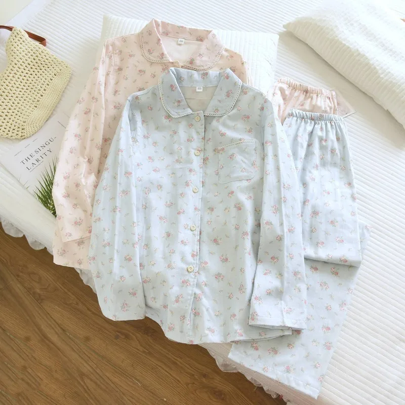 

2026 New Spring/Summer Women's Pajama Set 100% Cotton Gauze Small Collar Long Sleeve Long Pants Thin Floral Lace Home Clothes