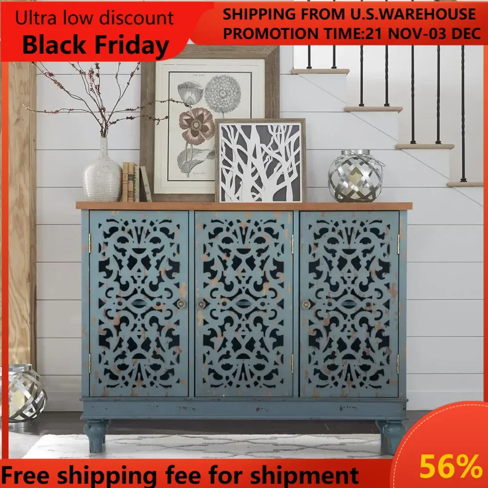 Sideboard and Buffet with Storage, 3-Door Hollow-Carved Accent Cabinet, Distressed Wood Storage Cabinet Cupboard for Kitchen