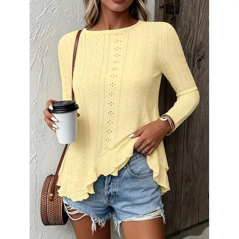 Women Eyelet Embroidery Long Sleeve Top Round Neck Ruffled Hem Flowy Swing Hollow Out Casual Blouse Tunic Shirt