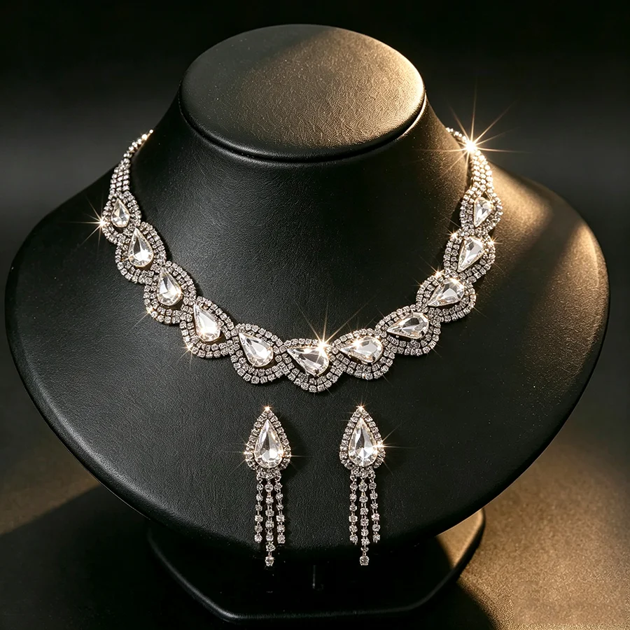 Water Drop Rhinestones Chokers Necklaces Set for Banquet Hollowed Cross Weaven Shaped Drop Earrings Party Gathering Set H