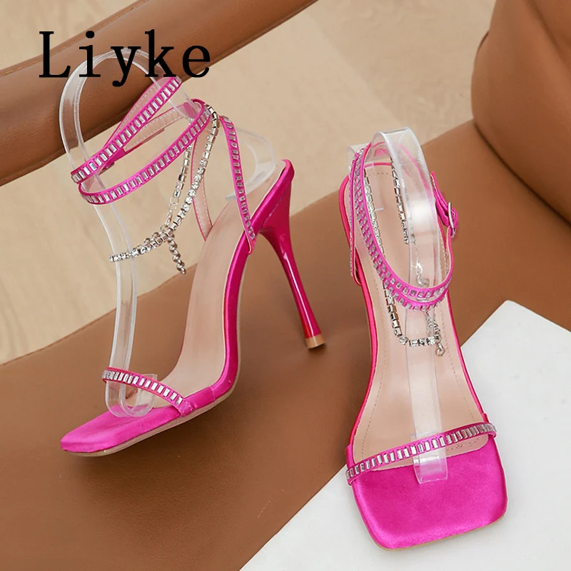 Liyke Runway Style Crystal Chain Sandals Women Fashion Square Toe Ankle Strap Green High Heels Party Wedding Stripper Shoes Lady