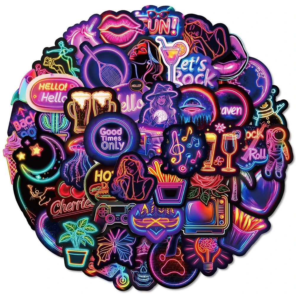 10/30/50pcs Cool Neon Light Cartoon Stickers Aesthetic Decals DIY Guitar Notebook Skateboard Funny Waterproof Graffiti Sticker