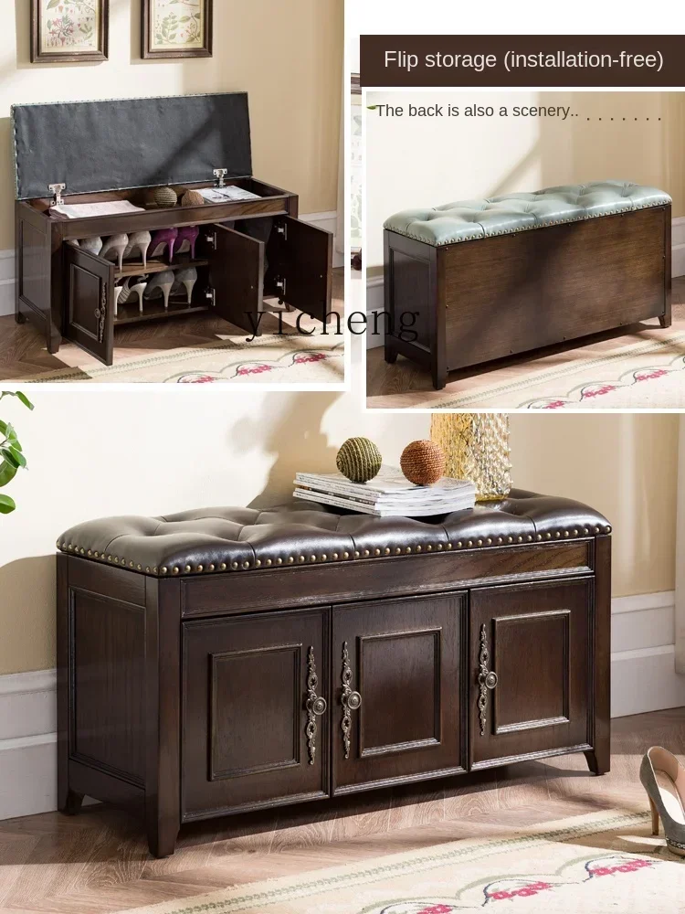 

XL Leather Seated Shoe Cabinet Solid Wood Shoe Changing Stool Hallway Storage Footstool