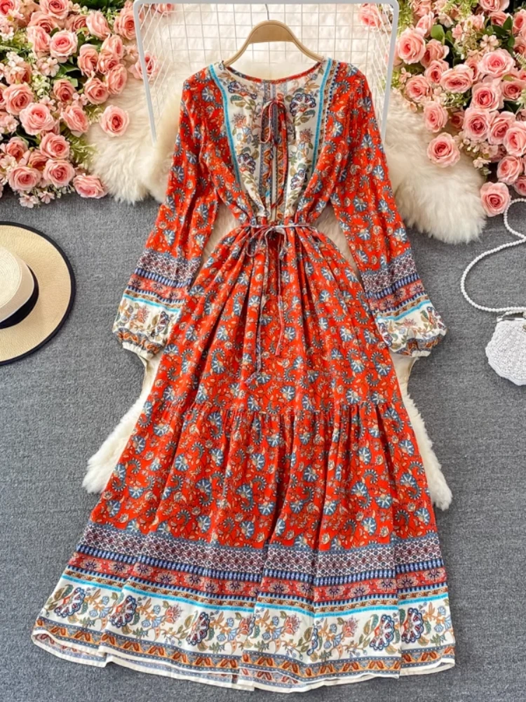 

Vintage Ethnic Bohemia Dress Women Travel Photography Holiday Slim Fit Dress New Fashion Bubble Sleeves Printed Beach Long Dress