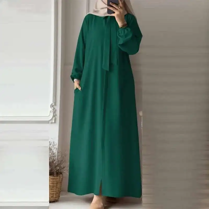 

2025 Muslim Women's Fashion Tie, Lapel, Solid Color Long Sleeved Shirt, Sun Skirt, Pocket, Loose Cardigan, Long Skirt Elegant