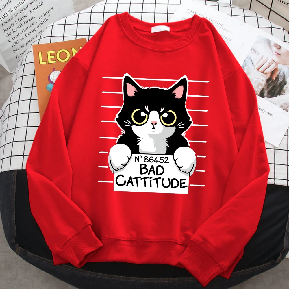 Autumn Winter Womens Pullover No86452 Bad Cattitude Funny Cat Print Hoodie Fleece All-Math Sweatshirts Warm Crewneck Ladies Tops