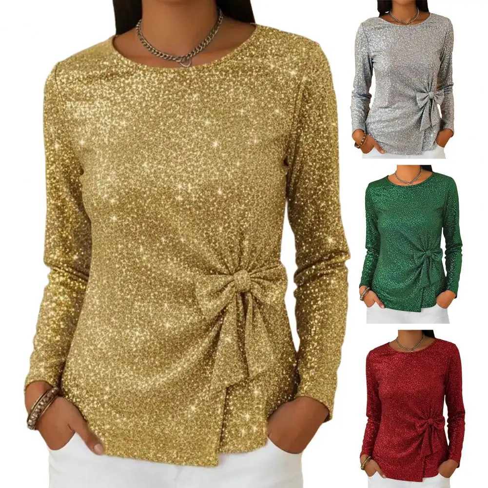 

Elegant Women Blouse Women T-shirt Crew Neck Long Sleeves Glitter Pullover Tops Shiny Sequins Solid Color Shimmering Blouse