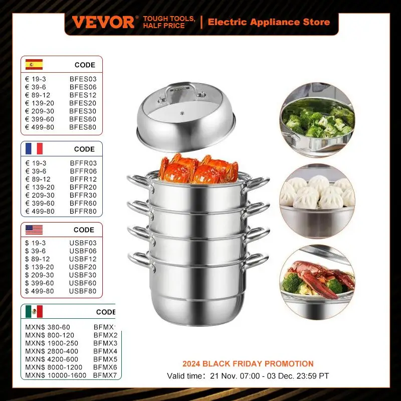 VEVOR Dumpling Steamer Stainless Steel 5 Titer Stainless Steel Steamer Work For Cooking 30cm/11.8inch Food Steamer Pot Dia 30cm