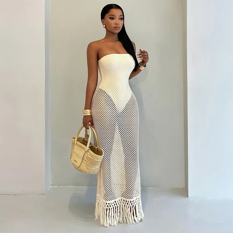 Sexy Häkel-Strick Trägerloses Maxikleid für Damen mit Aushöhlungen, Netzrücken und Quasten, Figurbetontes Kleid für Strandurlaub