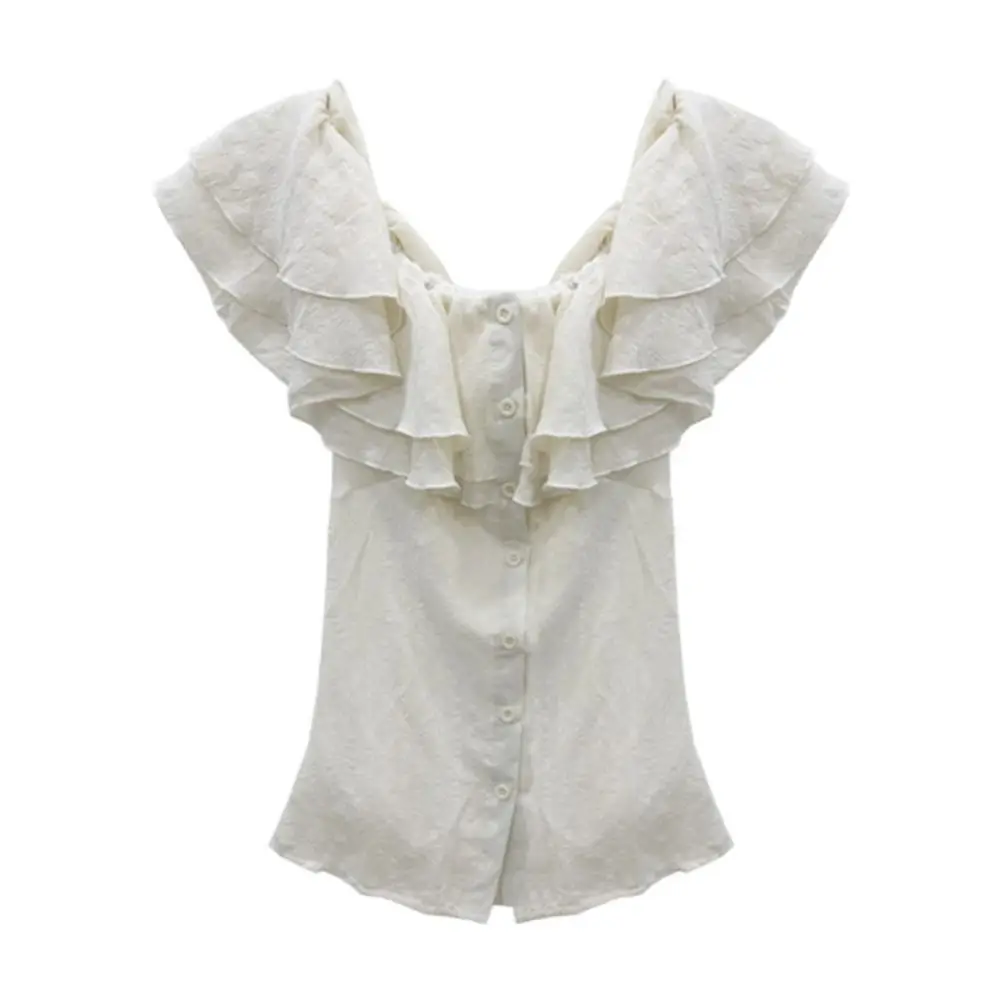 Coréen col bateau épaules dénudées hauts chemise à volants Beige T-shirts courts Ins Style mince Y2K manches courtes hauts Clue