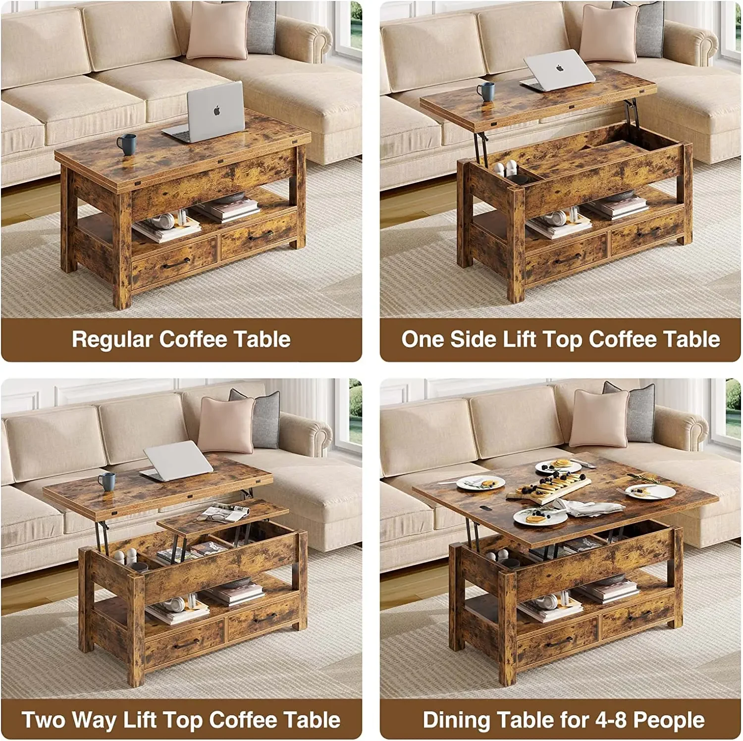 Multi-Function Convertible Coffee Table with Drawers and Hidden Compartment Dining Table for Living Room Home Office