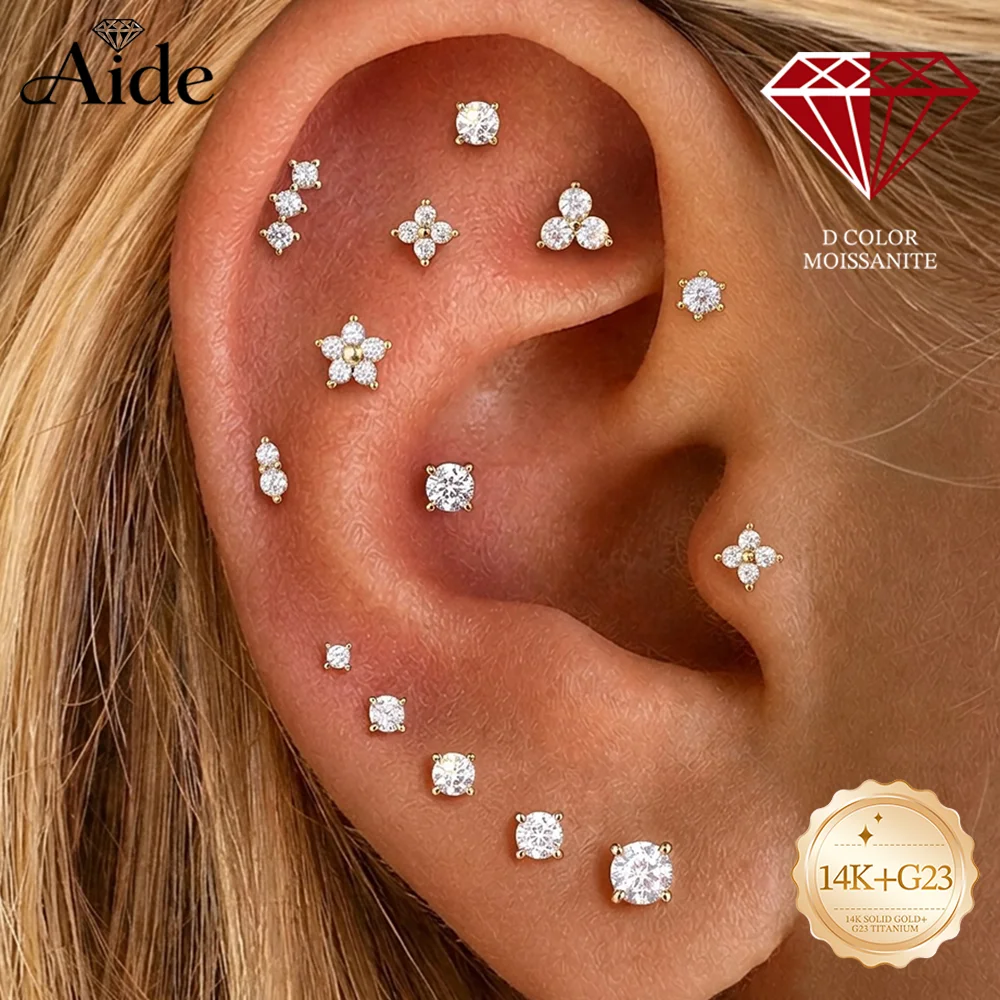 AIDE Bijou de Mariage en Or Massif 14K et Moissanite Scintillante pour Femme, Clou d'Oreille en Titane G23, Certificat Inclus