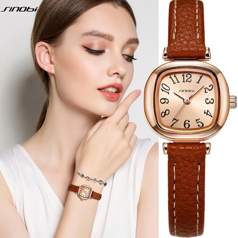 SINOBI Elegant Woman\'s Watches Original Design Sunny Dial Ladies Quartz Wristwatches Fashion Leather Strap Clock Reloj Mujer