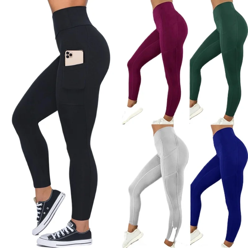 New Women Plus Size Pocket Yoga Pants Solid Fitness Sports Leggings High Waist Elastic Gym Tights Female Running Trousers XXXL
