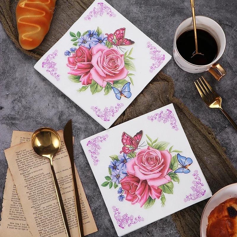 20pcs/Pac 33*33cm 2-Ply New Colourful Napkins Printed Rose Butterfly Paper Napkins Home Party Pure Wood Pulp Paper Placemat