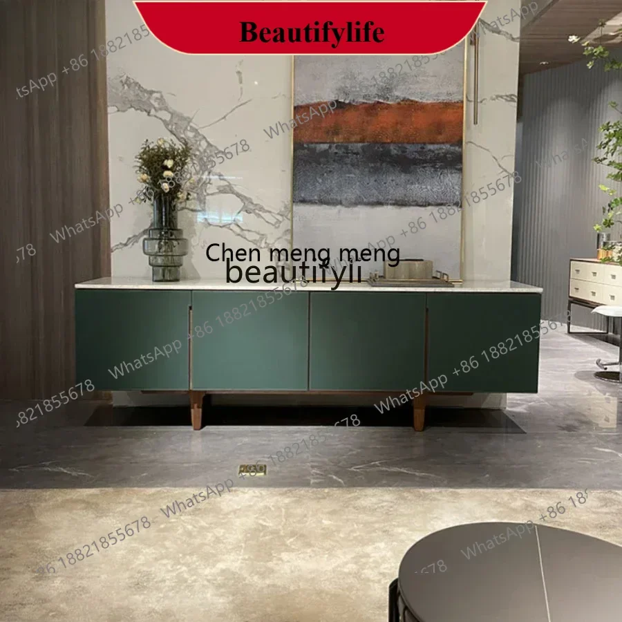D178   Italian minimalist large apartment TV cabinet saddle leather floor cabinet solid wood rock slab locker