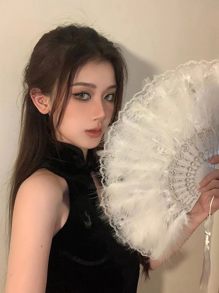 

Black Lace Foldable Fan Gothic Style Teeth Grip Face Cover Dramatic Lolita Prop for Dance Vampire Cosplay Accessory