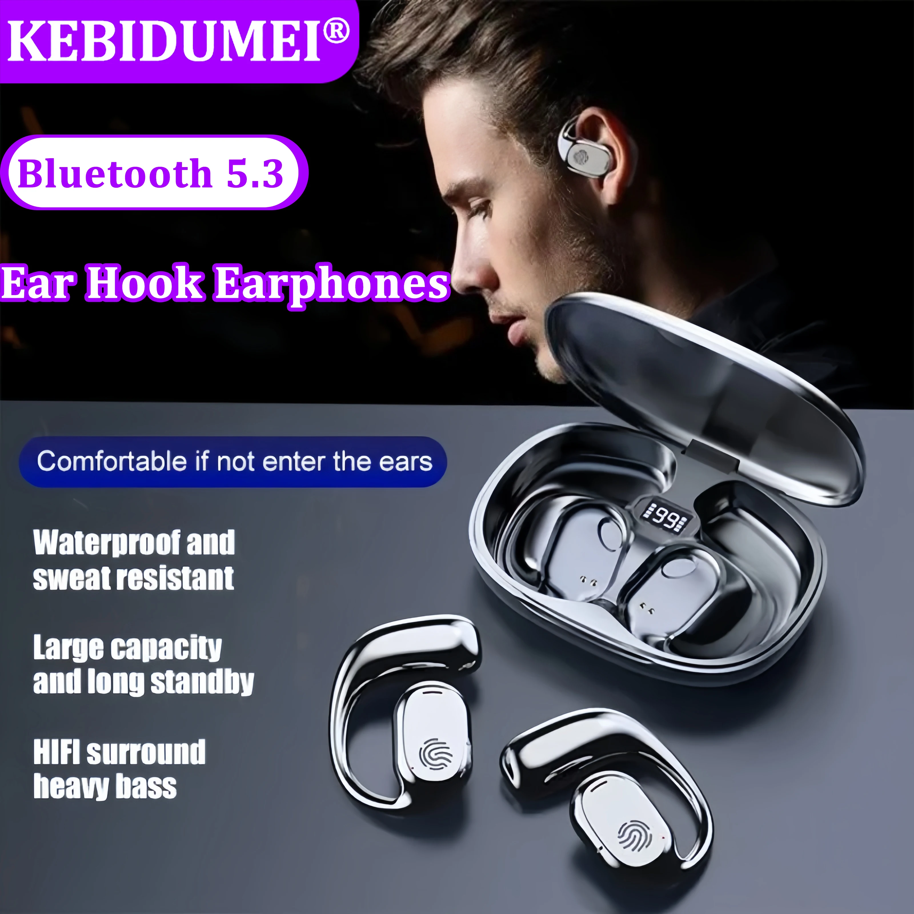 Bluetooth 5.3 Headphones Ear Hook Earphone Wireless Earphones LED Display Waterproof Headset HiFi Stereo Noise Reduction Earbuds