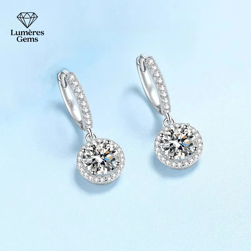 Girl Platinum PT950 Drop Earrings 1 Carat Moissanite Diamond Each round Wrap Ear Clips Fine Jewelry Birthday Gift for Women