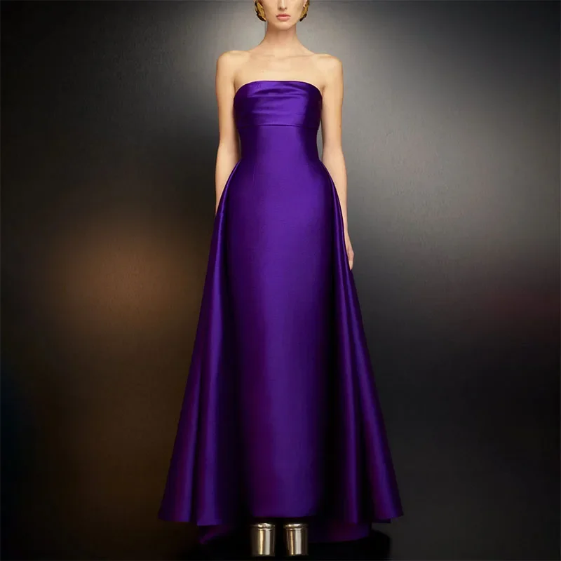 Customized Elegant Long Purple Evening Dress 2024 Strapless Straight Pleated Ankle Length Side Train Prom Dress Party Dress for