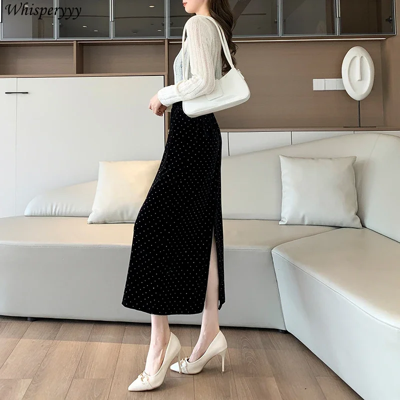 Hot Drill Golden Velvet Skirt for Women Spring Slit Straight Tube Wrap Hip Skirt Female Elegance Black Faldones Para Mujer