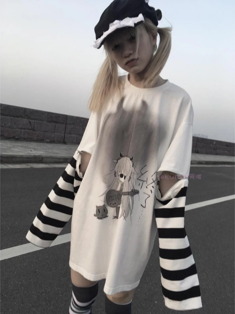 90s Women Detachable Long Sleeve Oversized Tops Fashion Graphic Tees 2023 Korean Tshirts Harajuku Cartoon Print Punk T-shirt