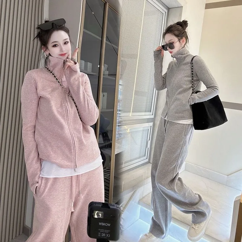 

Online Celebrity Fashion Movement Fallow Female Spring and Autumn Zipper Sweatshirt and Sweatpants Suit Loungewear Solid Color