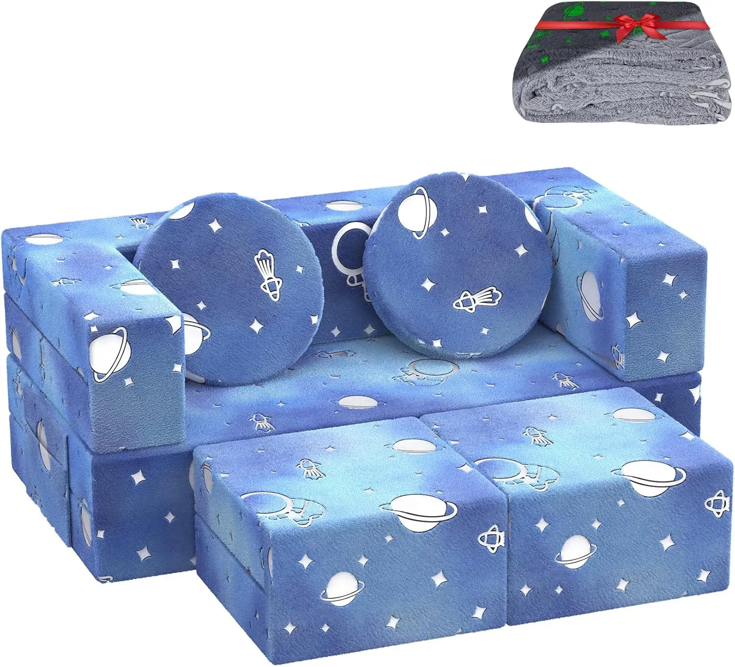 Modular Kids Play Couch with Blanket, Kids Sofa Couch with Glow Effects for Playroom & Indoor, Convertible Toddler Couch for Gir