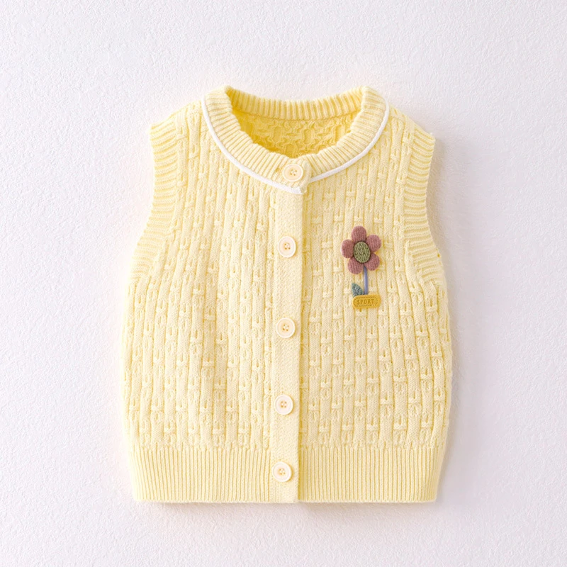 Infant Baby Knitted Vest Spring Autumn Flower Solid Sleeveless Waistcoat Girls Knitwear Tops