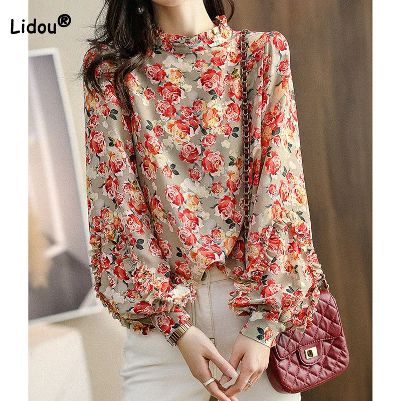 Elegant Fashion Floral Lantern Sleeve Blouse Autumn Female Commute Loose Stand Collar Printed Chiffon Shirt Women\'s Clothing